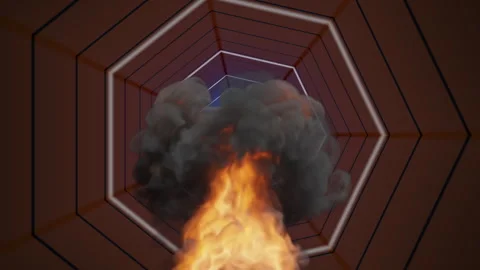 Explosion and fireball engulfing futuristic hexagonal tunnel Stock Footage 346525815