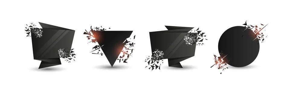 Explosion banners. Square and circle destruction shapes with debris isolate.. Stock Illustration