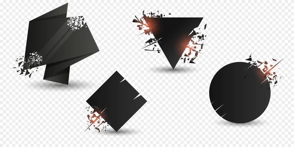 Explosion banners. Square and circle destruction shapes with debris isolated on Stock Illustration