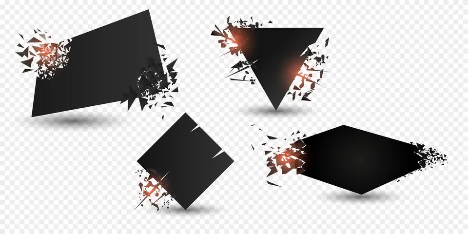Explosion banners. Square and circle destruction shapes with debris isolated on Stock Illustration