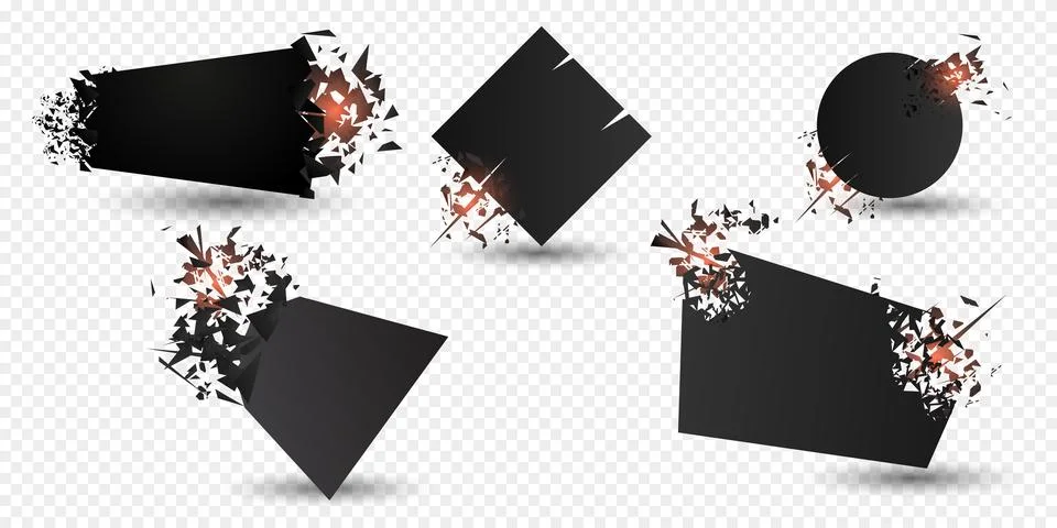 Explosion banners. Square and circle destruction shapes with debris isolated on Stock Illustration