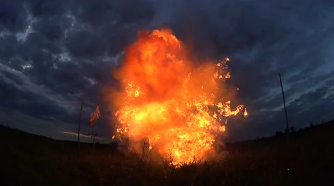 Explosion of the bomb in the air. Blast of fire and smoke. Stock Footage 66201098