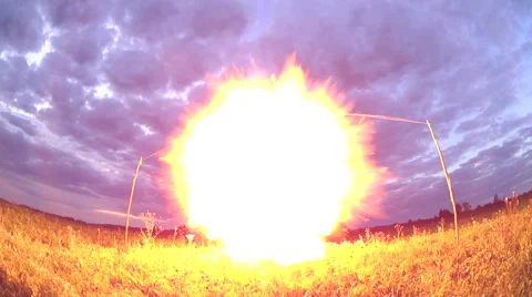 Explosion of the bomb in the air. Blast of fire and smoke. Slow Motion Stock Footage 66205241