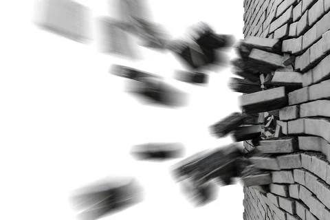 Explosion of a brick wall. Large-scale destruction. Broken brick wall. Hole.. Stock Photos
