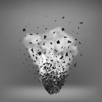 Explosion Cloud of Black Pieces on Gray Background. Sharp Particles Randomly Fly Stock Illustration