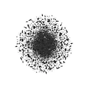 Explosion Cloud of Black Pieces on Gray Background. Sharp Particles Randomly Fly Stock Illustration