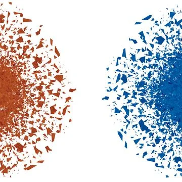 Explosion Cloud of Red and Blue Pieces on White Background. Sharp Particles Stock Illustration