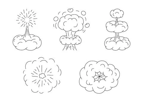 Explosion with cloud of smoke, effect steam, doodle line set. Hand drawn elem Illustrazione stock