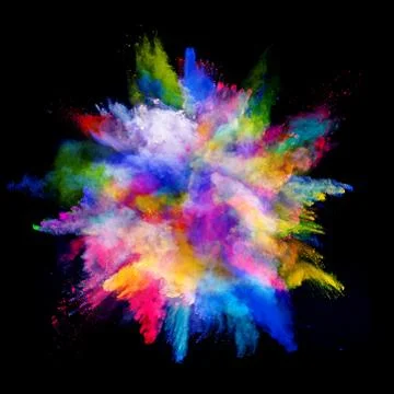Explosion of colored powder on black background Stock Photos
