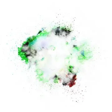 Explosion of colored powder isolated on white background. Abstract colored .. Illustrazione stock