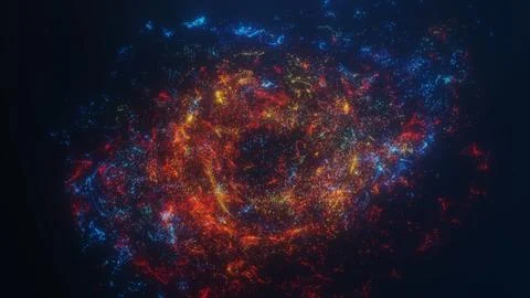 Explosion of colorful digital particles forming galaxy spiral on dark space.. Stock Illustration
