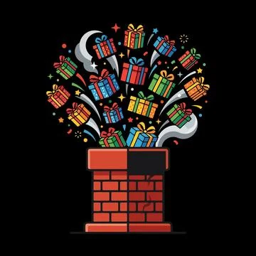 Explosion of Colorful Gift Boxes Emerging from a Brick Chimney Illustration Illustrazione stock