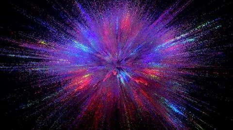 An explosion of colors on a dark background. Blue and purple color. 3d Stock Illustration