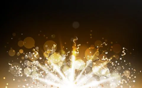 Explosion confetti scatter with light beam, gold particles, ribbons, dust, glow Stock Illustration