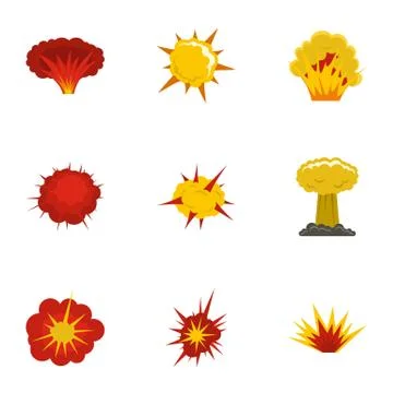 Explosion destruction icons set, flat style Stock Illustration