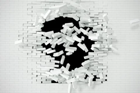 Explosion, destruction of a white brick wall, abstract background for Template Illustrazione stock