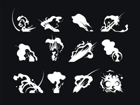 Explosion effect. Dust smoke cloud, cartoon war blast and motion speed sparks Illustrazione stock