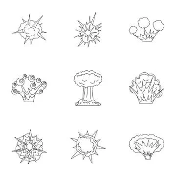 Explosion effect icons set, outline style Stock Illustration