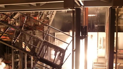 Explosion in factory. Fire outbreak at workplace. Fire burning down building Stock Footage 132608756