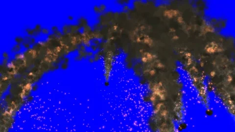 Explosion, fire, fragments, smoke on blue screen Stock Footage 75978486