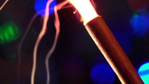 Explosion of firecrackers close-up. Pyrotechnics on a dark background with flash Stock Footage 146014232