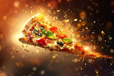 Explosion of flavors: dynamic pizza slice with toppings Stock Photos