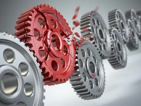 Explosion gear in perpetuum mobile. weakest link concept. Stock Illustration