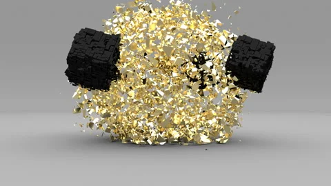 Explosion golden cube in 3d style on grey background Gold dust super slow motion Stock Footage 150386295