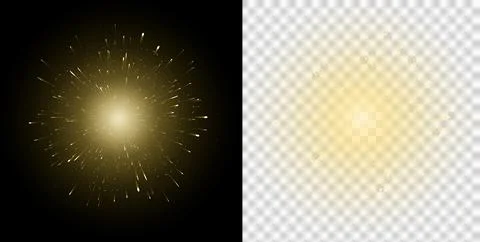 Explosion Golden Glowing Light Burst with Radiating Spark Particles and Energy F Stock Illustration
