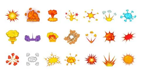 Explosion icon set, cartoon style Stock Illustration