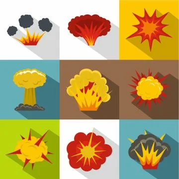 Explosion icon set, flat style Stock Illustration