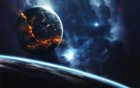 Explosion of planet, science fiction image, dark deep space with giant planets Stock Photos