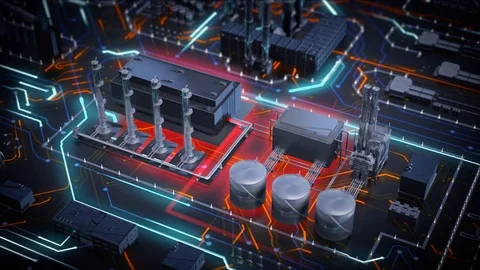 Explosion at refinery plant and electronic circuit board, abstract visual fusion Stock Footage 124061450