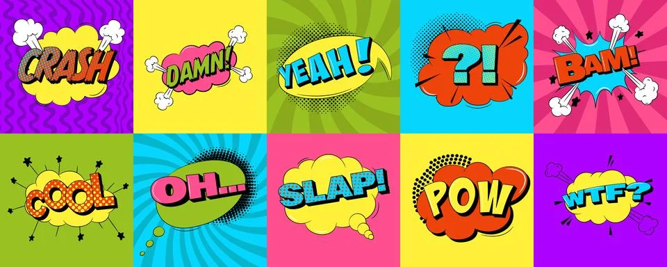 Explosion speech bubbles with text in trendy pop art style. Comic sound effec Stock Illustration
