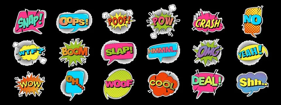 Explosion speech bubbles with text in trendy retro style. Comic sound effects Illustrazione stock