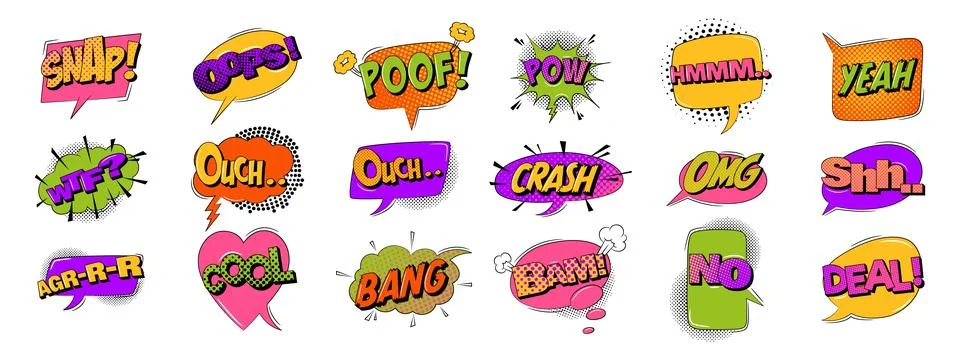 Explosion speech bubbles with text in trendy retro style. Comic sound effects Stock Illustration