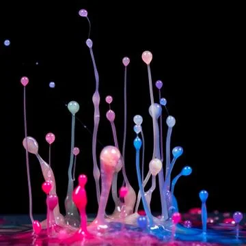 Explosion of splashes and bursts of colour fluid paint or ink on a black back Stock Photos