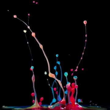 Explosion of splashes and bursts of colour fluid paint or ink on a black back Stock Photos