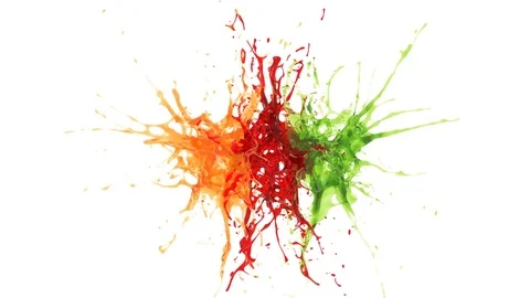 Explosion of three drops of orange, red and green liquid. slow motion. alpha Stock Footage 81790648