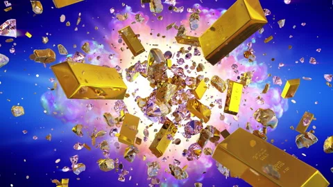 Explosion of valuables on the blue background Stock Footage 113597825