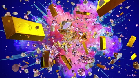 Explosion of valuables on the blue background Stock Footage 113597958