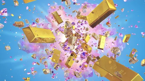 Explosion of valuables on the blue background Stockbeeldmateriaal 113598114