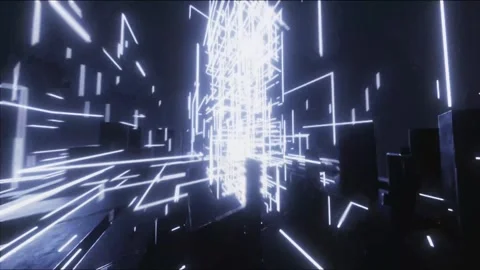 Explosion of white light streaks through a wireframe city Stock Footage 346780442