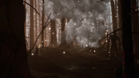Explosions and death of zombies in the battle of the burning jungle 01 Stock Footage 233116678