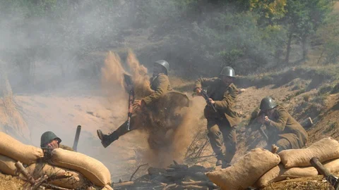 Explosions on the battlefield during the WW2, slow motion Stock Footage 86536473