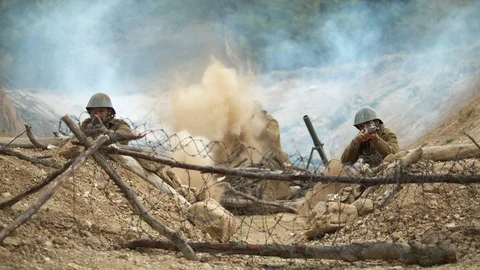 Explosions on the battlefield, slow motion Stock Footage 86536310