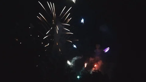 Explosions of beautiful colored fireworks in dark sky Stock Footage 82363883
