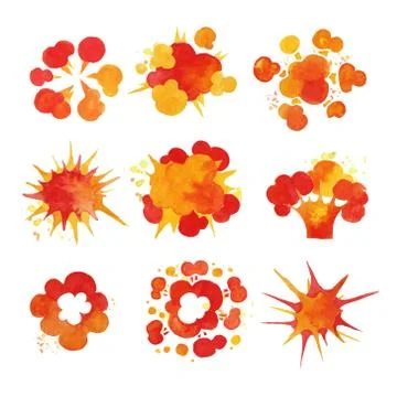 Explosions set, fire burst effect watercolor vector Illustrations Illustrazione stock