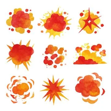 Explosions set, fire explosion effect watercolor vector Illustrations 스톡 일러스트