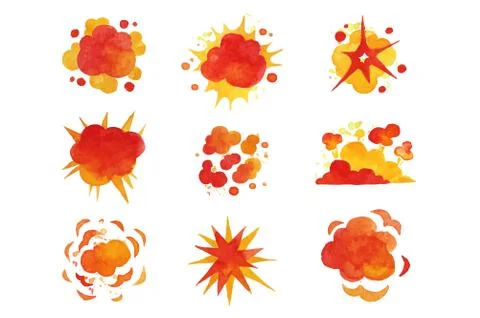 Explosions set, fire explosion effect watercolor vector Illustrations Illustrazione stock